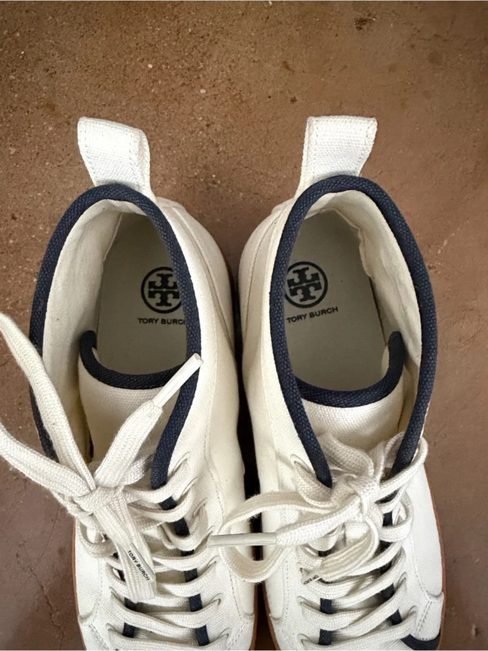 Tory Burch Nola High Top Canvas Sneakers Ivory Navy Women’s Size 10 NWOT